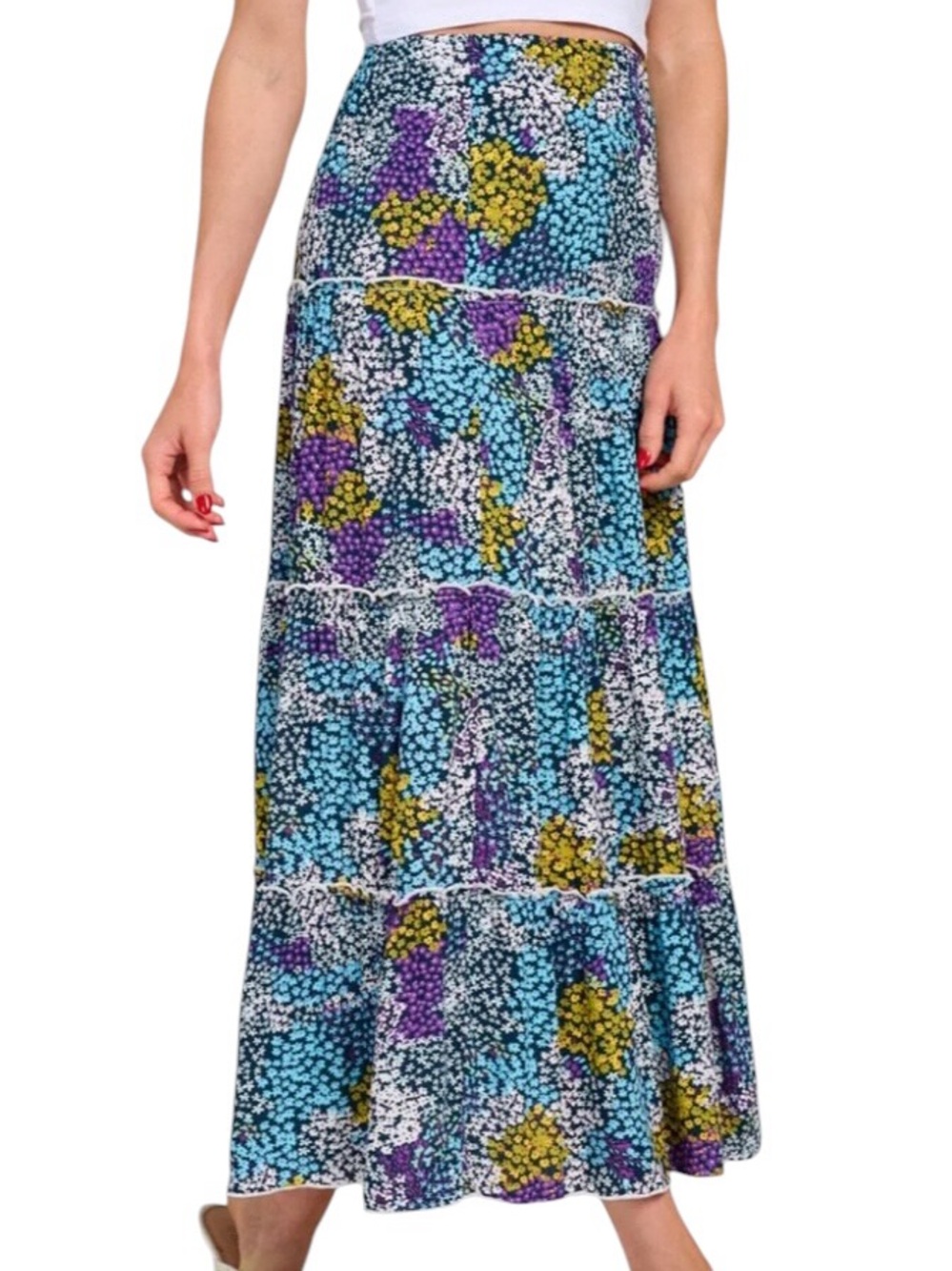 Floral Rayon Tiered Ruffle Soft Elastic Waist Maxi Skirt
